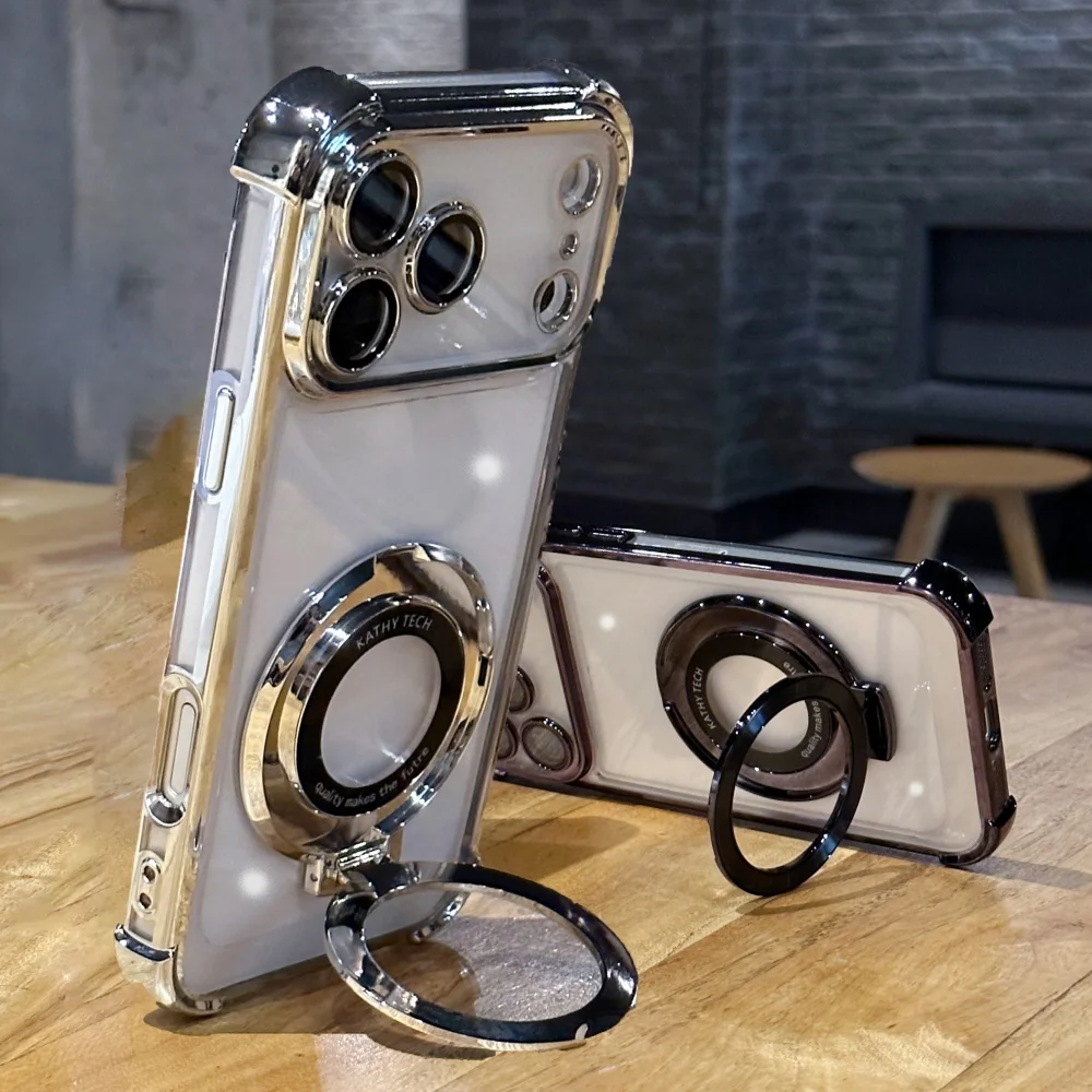 Luxe Schokbestendig Plating Heldere Stand Case voor iPhone 17 Air 16 15 14 Plus 13 12 11 Pro Max voor Magsafe Magnetische Cover