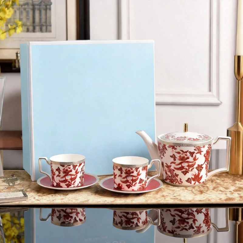 European Bone China Tea Cup Teapot Set Red Hibiscus Flower Coffee Set Wedding Gift