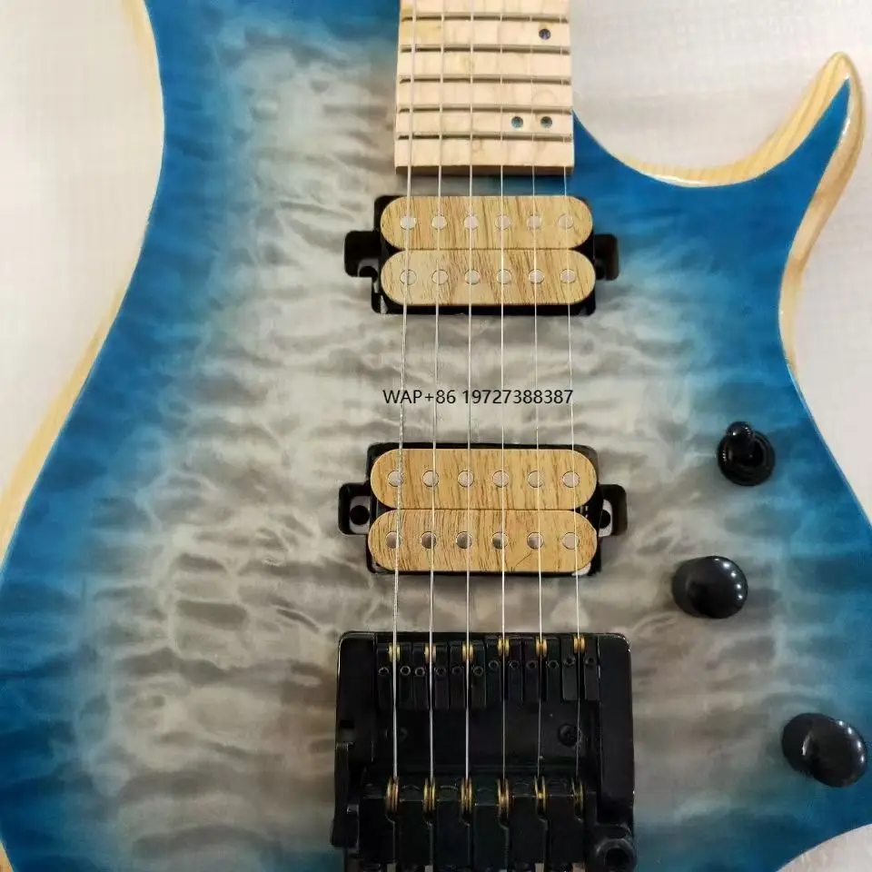 Solid Top Maple Mahogany 6 Large Flower Veneer Blue Black Gradient Color New Headless Elm Wood Body Electric Guitar Fingerboard