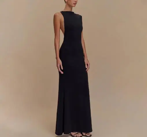 Verão feminino elegante, elegante, de alta qualidade textura sem costas cintura pacote hip vestido cor sólida inclinação pescoço vestido de emagrecimento