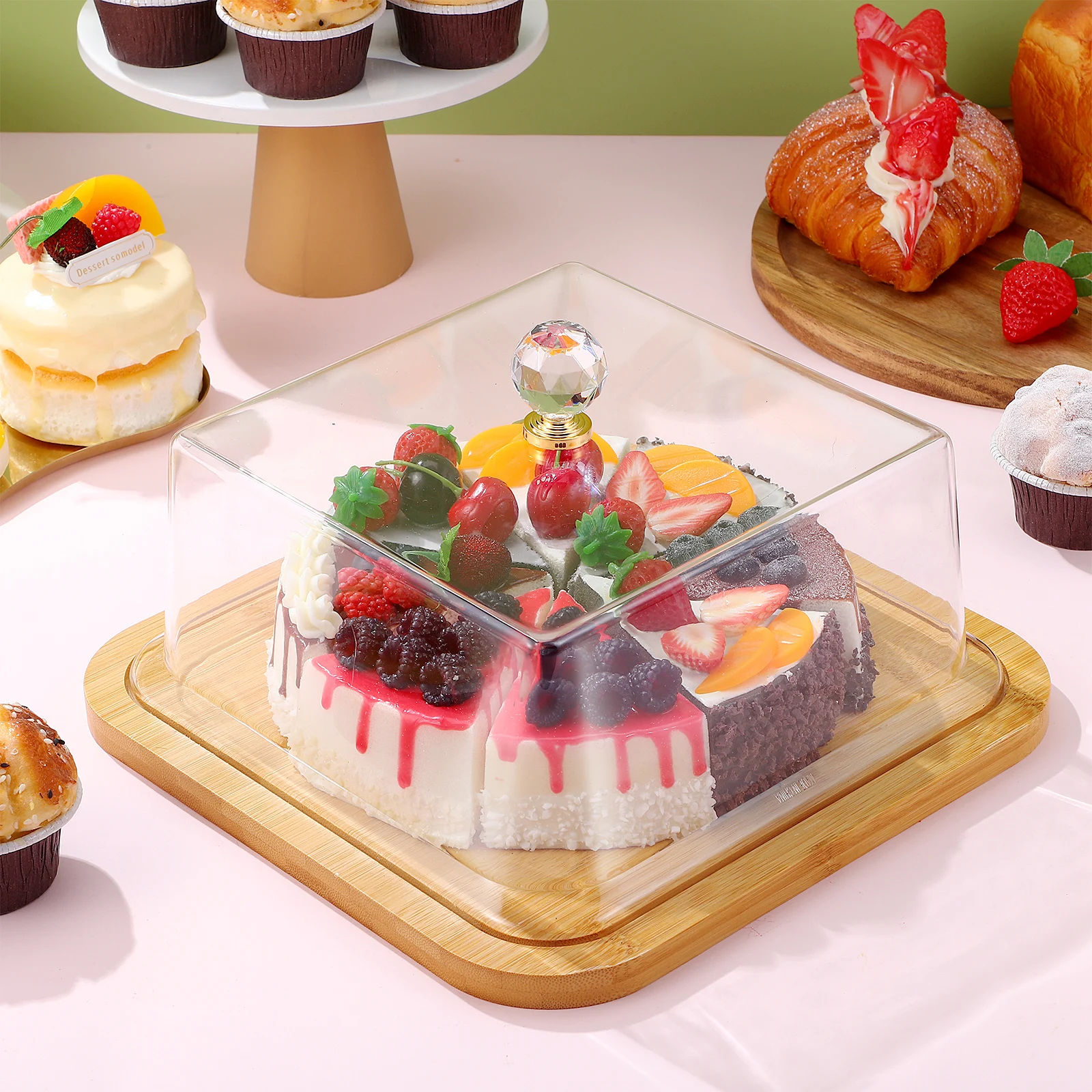 

Cake Tray With Lid Covered Cake Stand Dessert Display Wooden Base Transparent Acrylic Cover Party Supplies