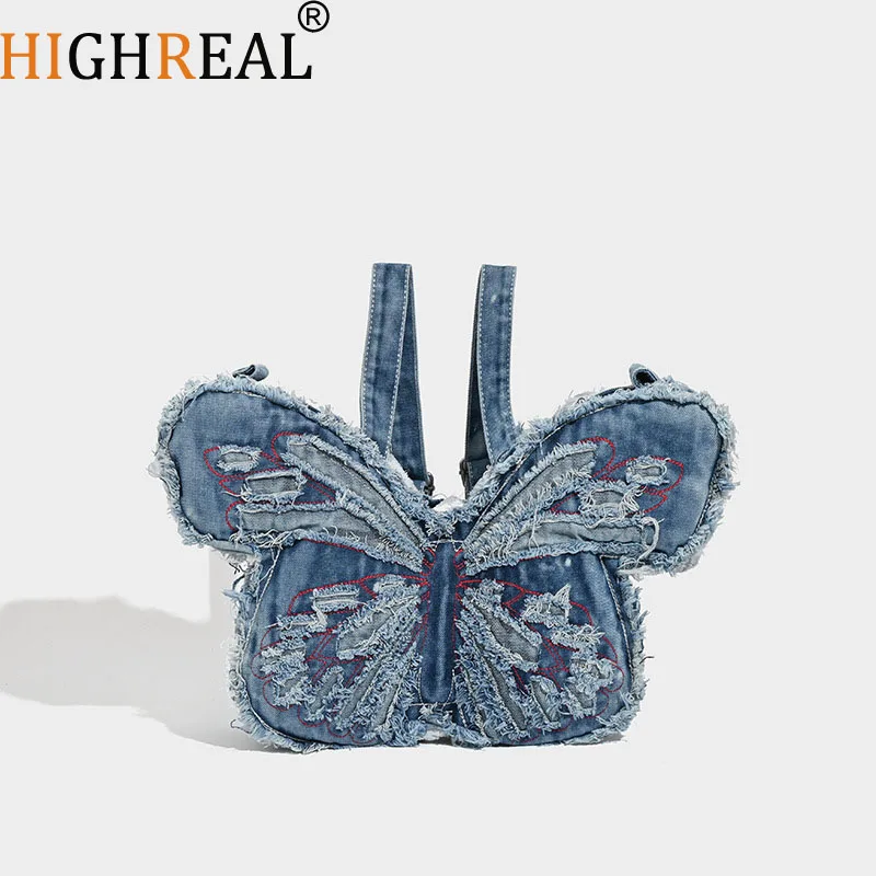 

Женский рюкзак большой емкости с вышивкой и бабочкой, новый летний джинсовый дизайн, сумка на плечо, повседневный рюкзак с крыльями, рюкзак для девочек Mochia