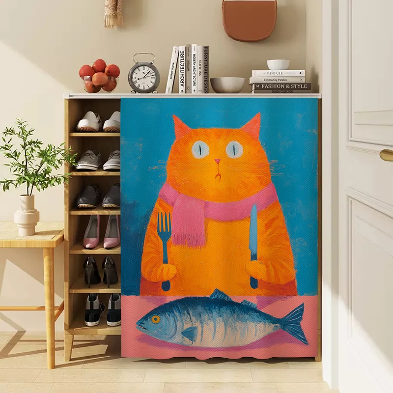 VIKAMA Fun Cartoon Cat Cabinet Cover, Dust-Proof, No-Drill Curtain, Decorative Cover for Shoe Cabinets and Storage Cabinets