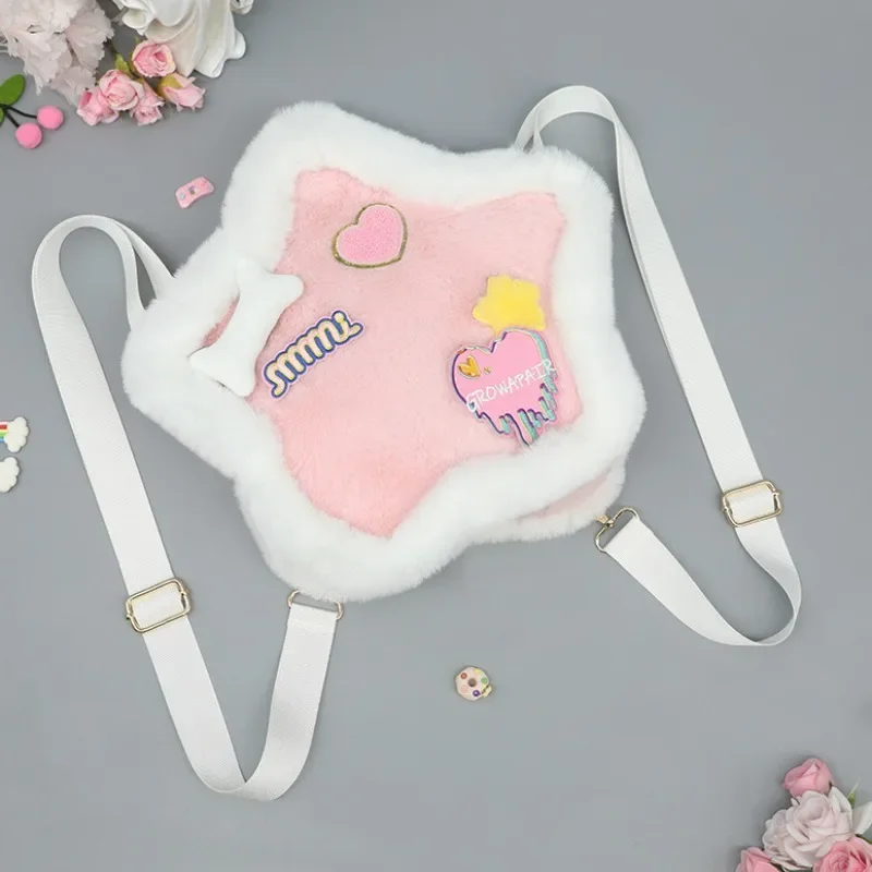 

Xiuya Pink Star Womens Backpack Plush Fluffy Harajuku Style Y2k Fashion Casual Backpacks Soft Cartoon Lolita Cute New Ladies Bag