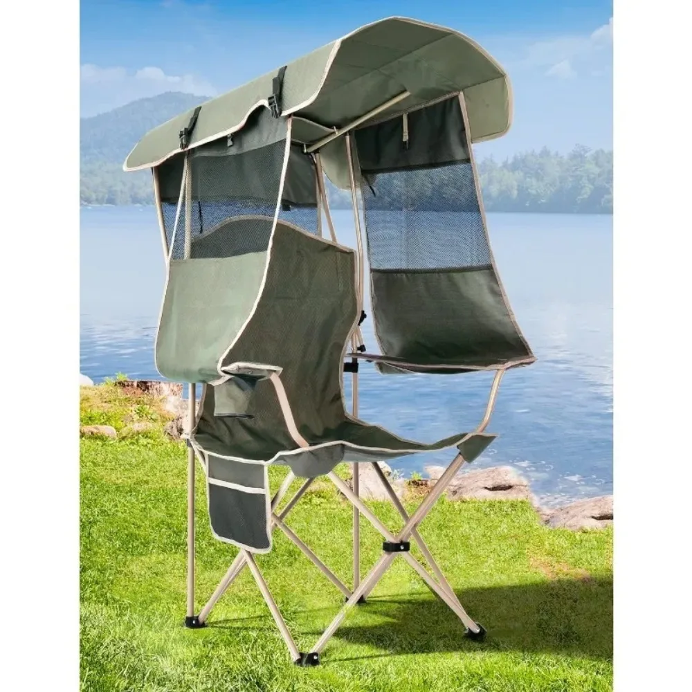 Adult Folding Camping Chair with Shade Canopy for Outdoors, Camp, Beach, Fishing with Cup Holder, Side Pocket - Support 330 LBS