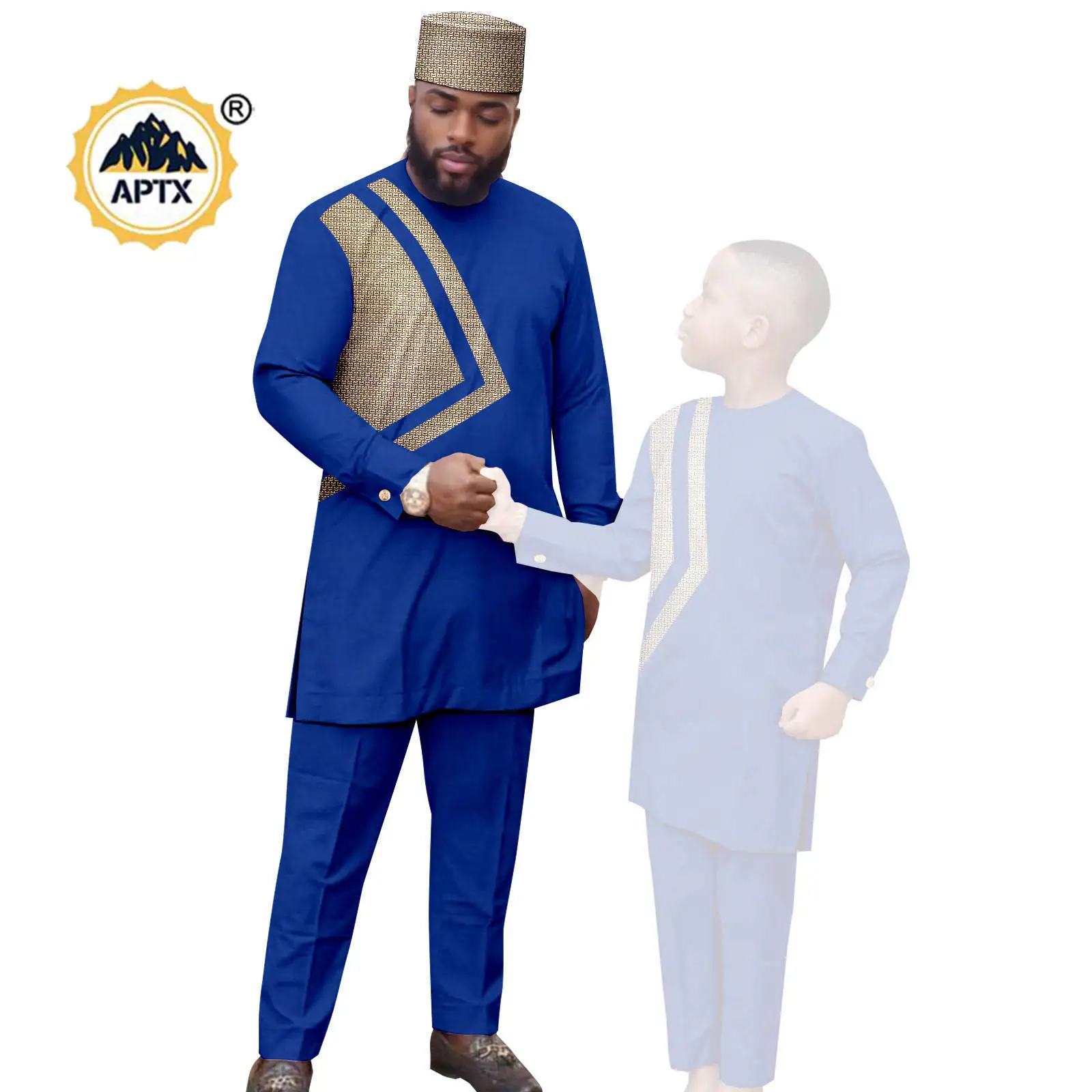 African Clothes for Family Dashiki Men Outfits Hat Top Shirt and Pant Sets Bazin Riche Father and Son Children Outwear 24F024