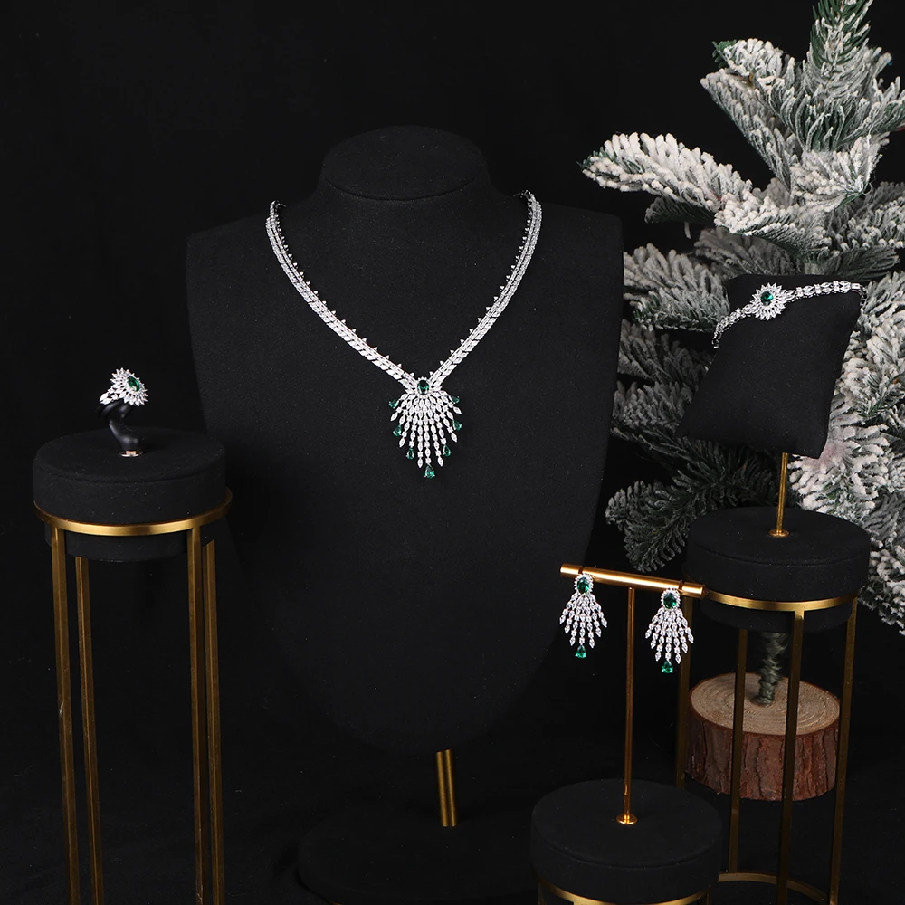 

Luxury Geometric Hollow Out Round Waterdrop Tassels Wedding Necklace Earrings Bangle Ring Sets For Cubic Zirconia Jewelry S651