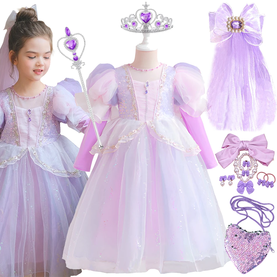 Girls Rapunzel Dress Tangled Kids Theme Princess Costume Luxury Pearl Sequin Fluffy Gown Children Birthday Party Surprise Gift