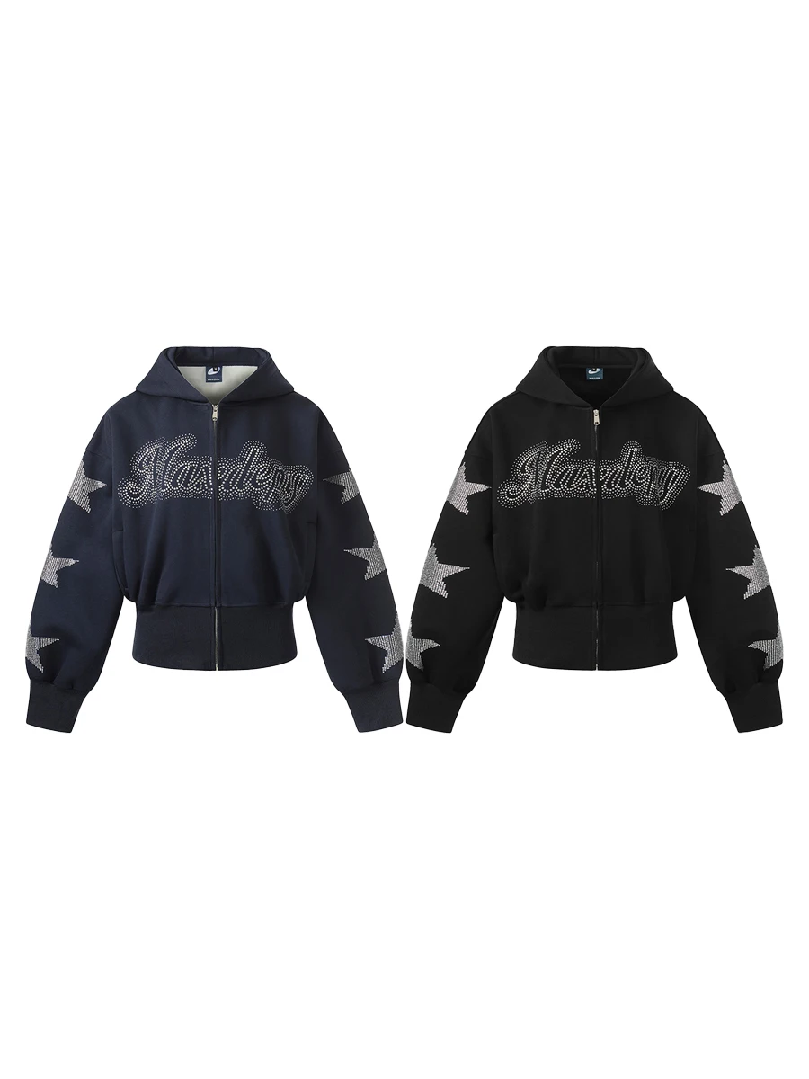 

American Retro Rhinestone Hooded ort Sweatirt Spring Heavyweight Loose Waist Casual Jaet for Men Comfortable Warmth