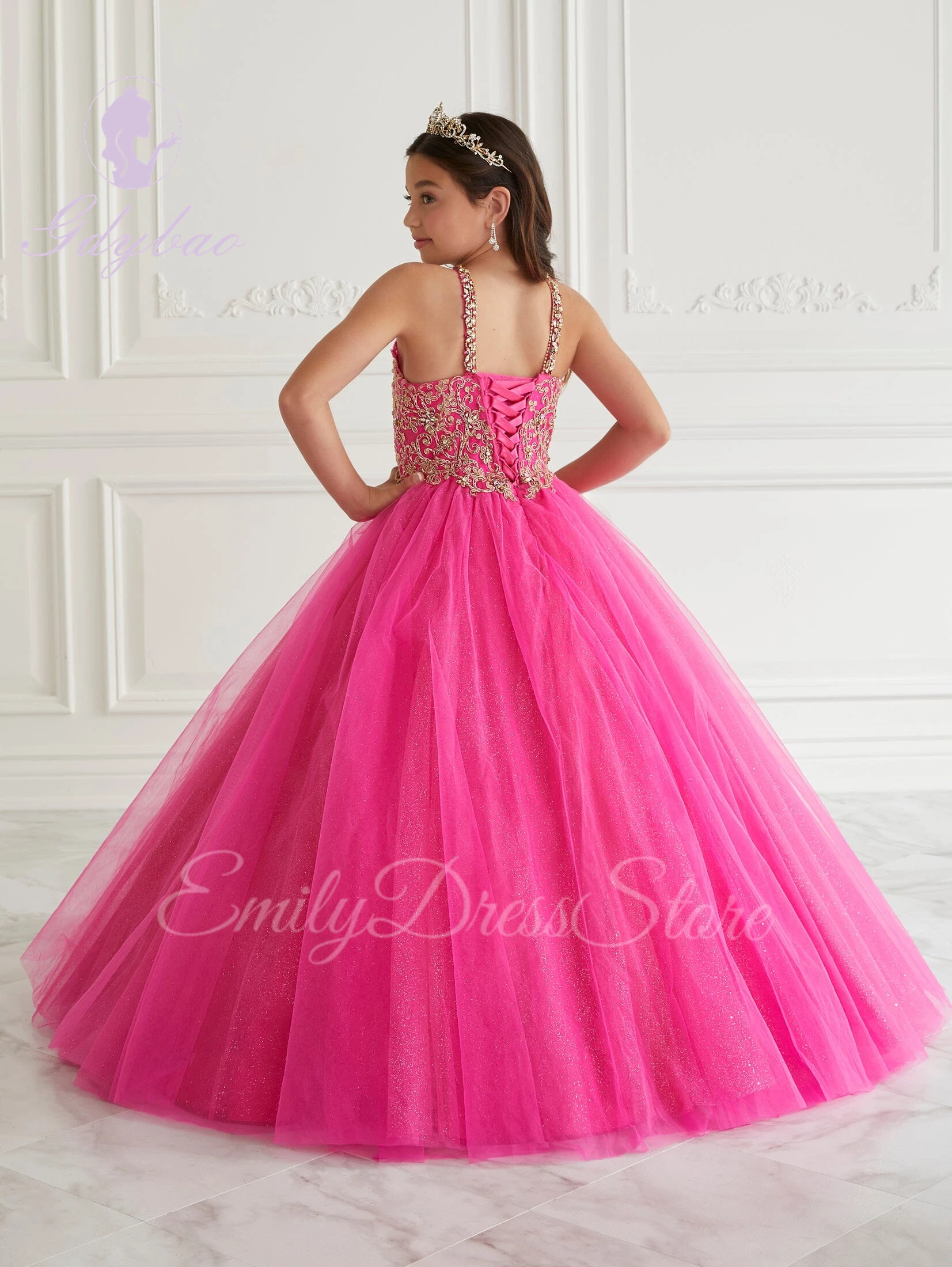 Hot Pink Flower Girl Jurk voor Bruiloft Puffy Beaded Shining Tulle Kids Birthday Christmas Eerste Communion Party Ball Gowns