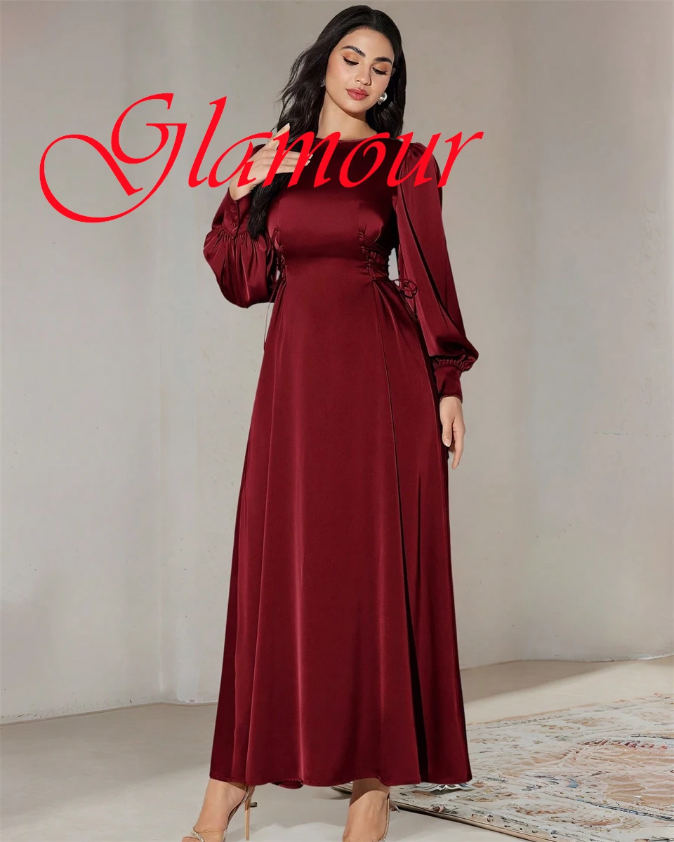 

Customized Exquisite Burgundy Satin Evening Dress Delicate Crew Neck Puff Sleeves Long Sleeves Zipper Back Homecoming Dress