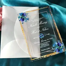 Clear Acrylic Wedding Invitation,Blue Floral Semi-transparent Envelopes,Custom Acrylic Quinceanera Invitation, 10Pcs