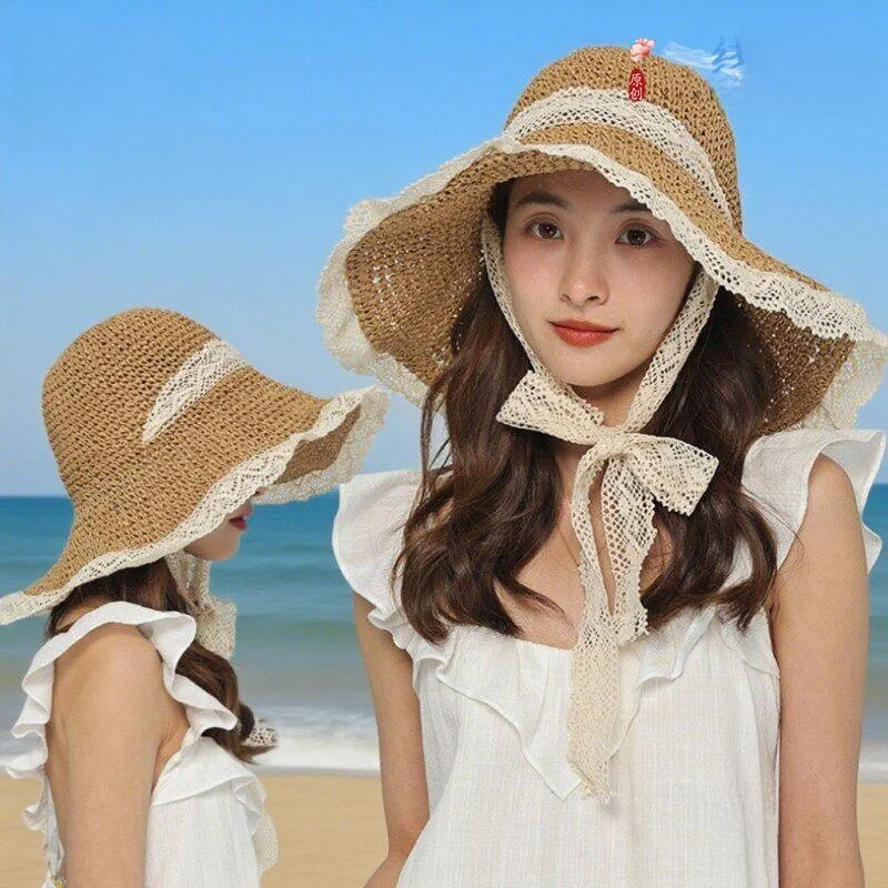 フリルトリム麦わら帽子折りたたみ式大きなつばビーチサンハット女性の休暇用サンガードハットカジュアルサマーアクセサリー