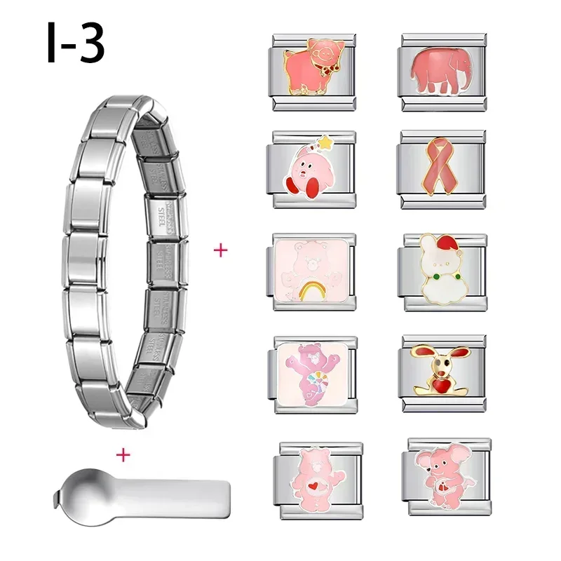 

1Set For Girls Pink Color Theme Stainless Steel Italian Bracelet Charm Set With Basic Chain And Tool DIY Gift Making Set Jewelry