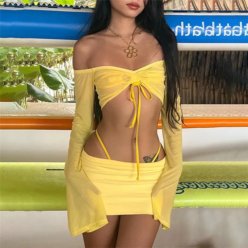 New Sexy Co-ord Sets Yellow 2000s Clubwear Off Shoulder Flare Sleeve Crop Tops and Micro Skirt 2 Piece Suits