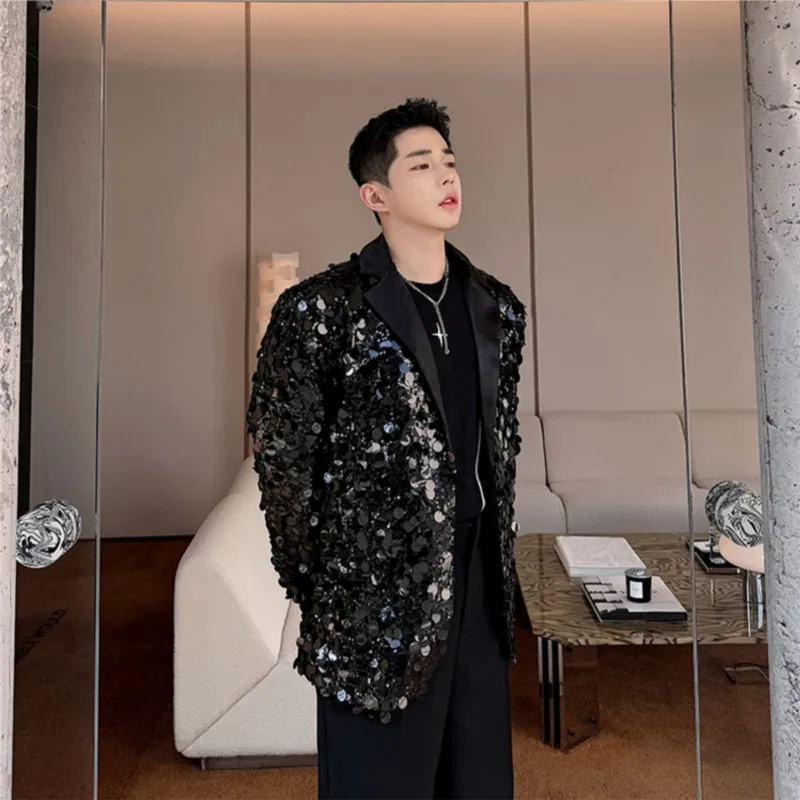 Korean Men\'s Sequins Blazer Jackets Party Performance Singer Stage Shiny Clothing Black Silver Oversize Suit Coat Man