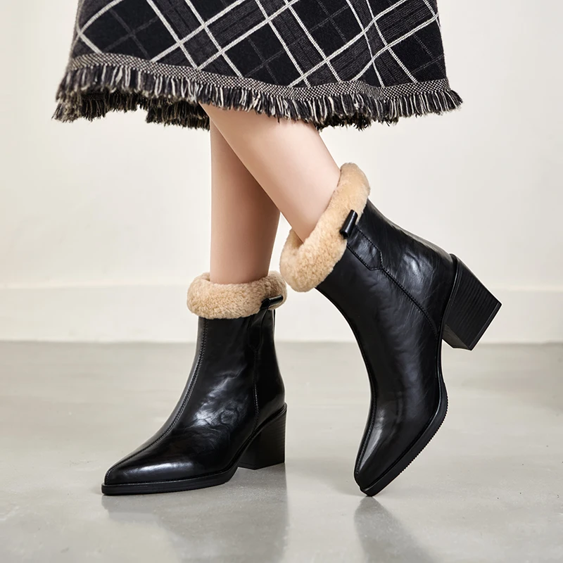 

Новинка 2025 года, женские зимние сапоги, кожаные шерстяные теплые современные ботинки, туфли с острым носком
