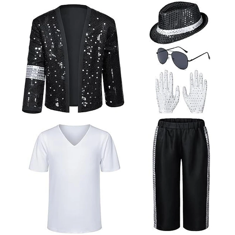 Children's Halloween Retro Party Set, Sequined Jazz Style Costume with Top Hat, Gloves, Sunglasses, Complete Set Party Dress image 3