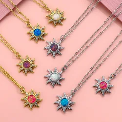 Blue Purple Pink White Fire Opal Necklaces For Women Gold Silver Color Charm Sun Flower Pendant Zircon Wedding Choker Jewelry