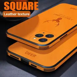 Luxury Square Frame Leather Texture Case for iPhone 15 14 13 12 Pro Max 11Pro X XR XS Max Deer Lens Protection Shockproof Cover