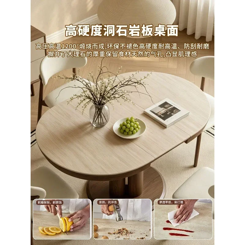 Medieval Cream Solid Wood Slate Dining Table and Chair Set Small Apartment Multifunctional Retractable Folding Oval Table
