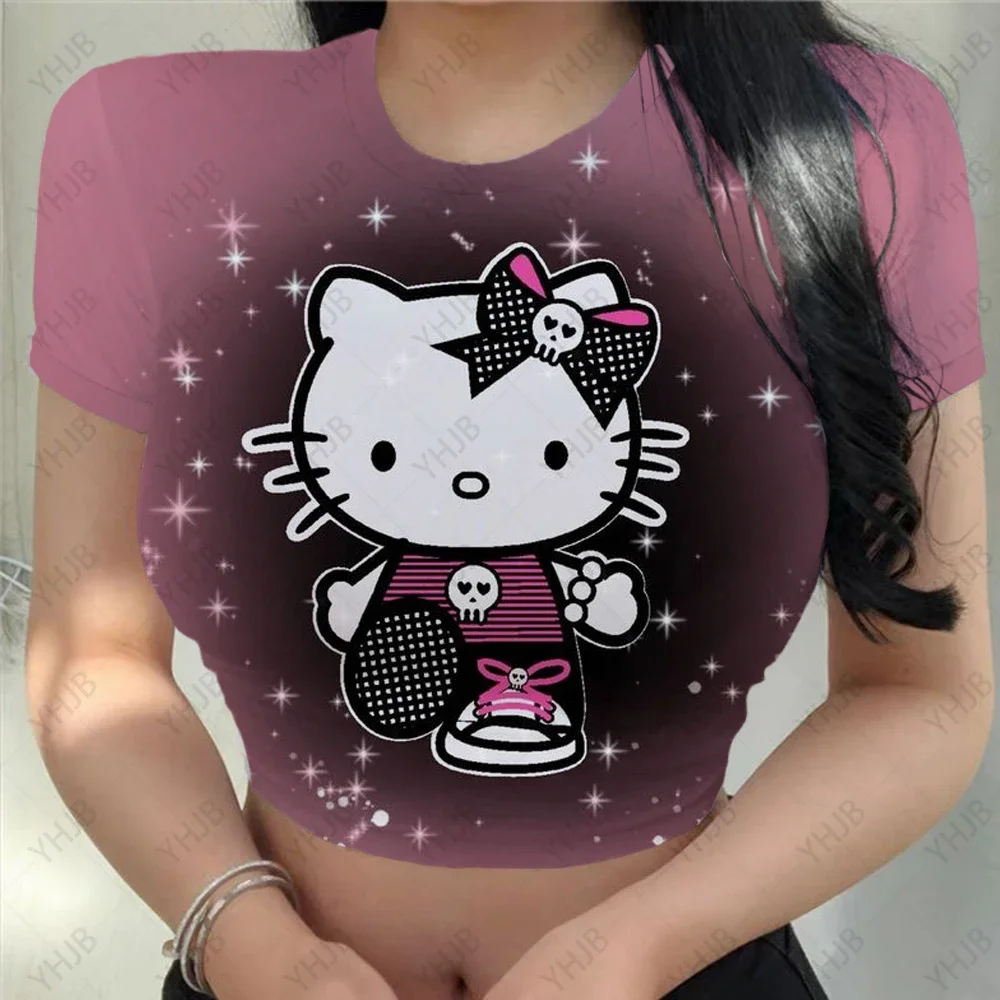 Summer Casual Exposed Navel Shirts Streetwear Women Short Sleeve Crop Tops Hello Kitty Cat print Crew Neck Slim Fit T-Shirts