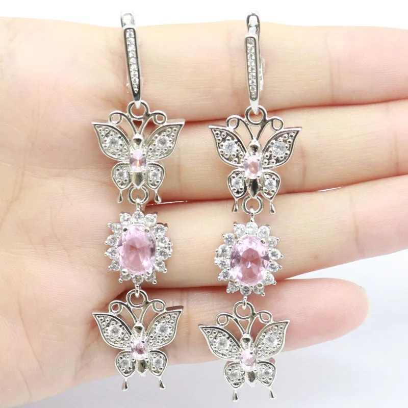 63x12mm Fantastic Green Emerald Pink Kunzite White CZ Birthday Gift Silver Earrings