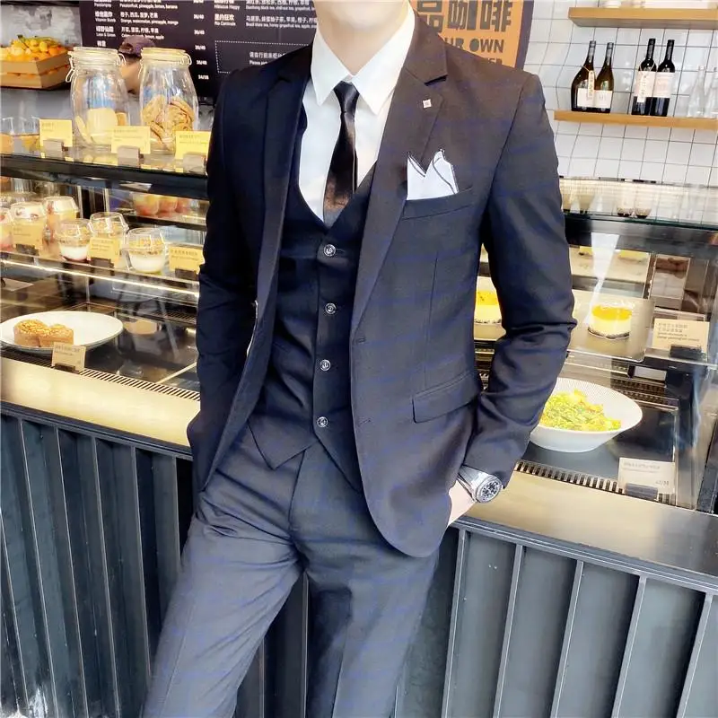 2023 Heren Britse Mode Driedelige Set Slim Fit Pak Vest Broek Ensemble Knappe Trendy Alles-in-een Banket Blaze - afbeelding 1