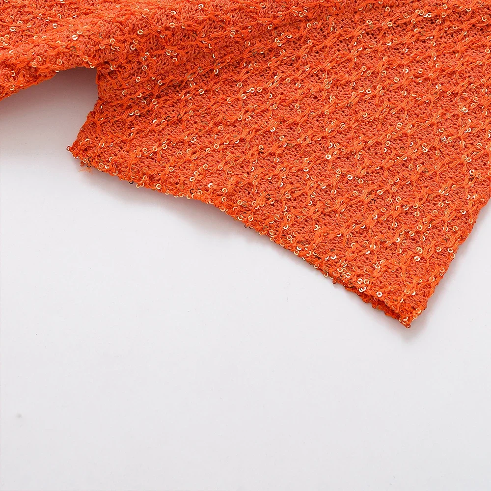 سترة نسائية صيفية عصرية برتقالية بأكمام قصيرة ورقبة دائرية وزر واحد سترة علوية متماسكة بالترتر سترة نسائية 9598092 #4