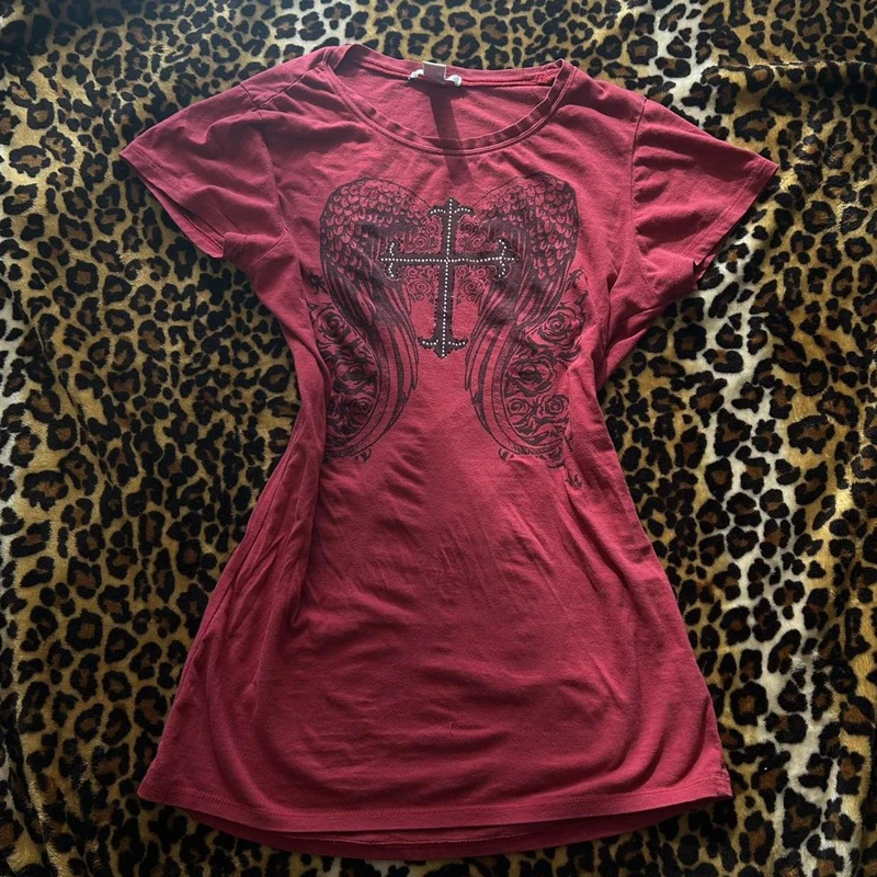 Trashy Y2k Grunge Top Tees 2000s Wing Cross Bedazzled T-shirt E-girl Gothic Emo Clothes Vintage Aesthetic Short Sleeve Crop Tops