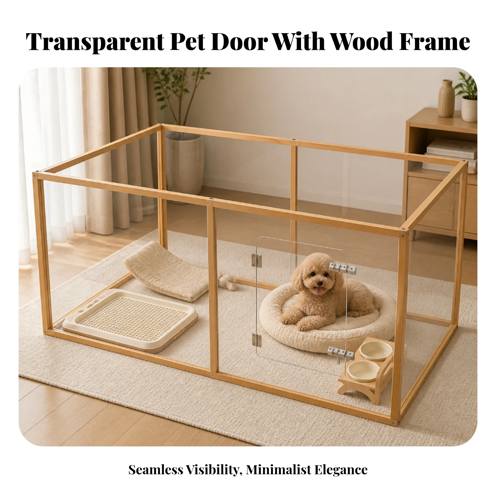 Dog Crate with Transparent Walls Safe Pet Pen with Wooden Frame Indoor Dog Kennel Long-Lasting for Small Dogs, Living Rooms