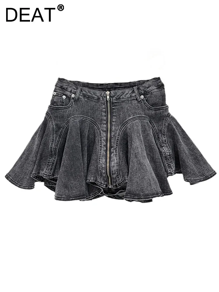 DEAT Women Denim Skirts High Waist Patchwork Ruffles Edge Zipper Solid Color A-line Mini Skirts 2024 Autumn New Fashion 11A0198