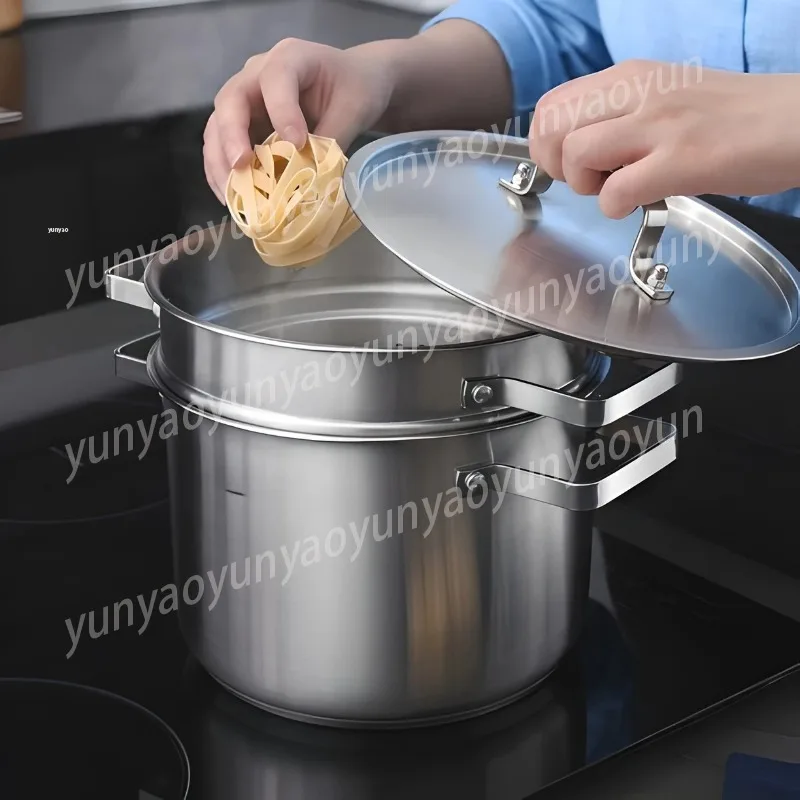 Thickened Uncoated Stainless Steel Pasta Pot - Multifunctional Soup Pot for Induction Cookers and Gas Stoves