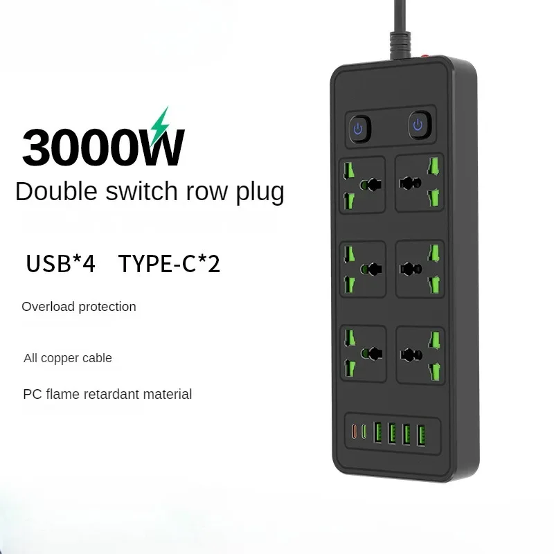 3000W EU and US UK Double Switch Socket PD Interface Plug-in Board USB Power Strip with Cable 2m 230V Socket Home Office