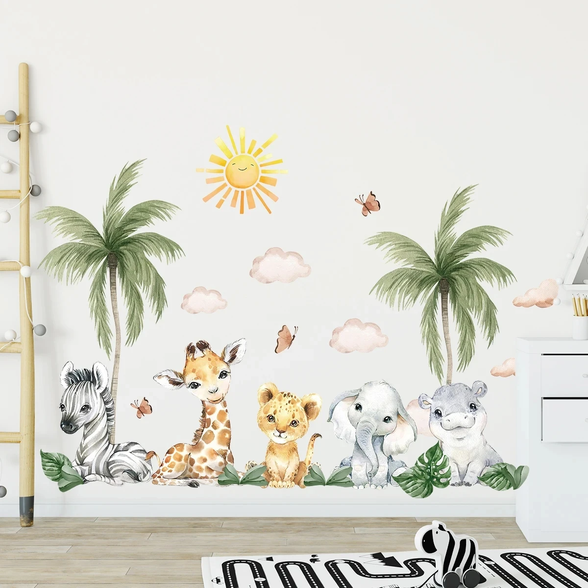 Children\'s Room Wall Stickers Cartoon African Grassland Animals Wall Decals Kids Baby Room Living Room Home Wall Decoration