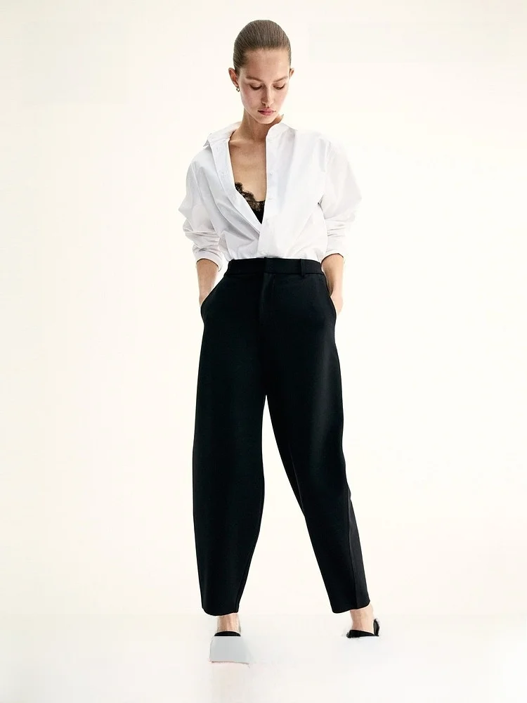 

H&M Women's Basic Style Commute Pants Summer New Polyester Fiber High Waist Fit Version Long Tube Pants Casual Style