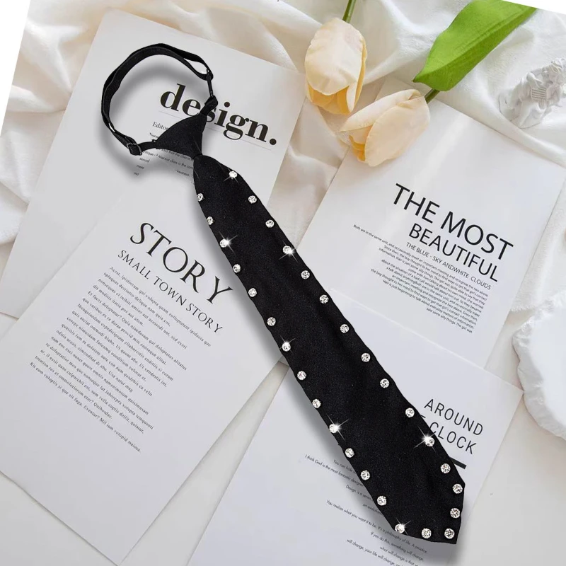 Elegante schwarze Strass-Lazy-Krawatte, verstellbare Krawatten für Damen, perfekt für Freizeit- und Business-Hemd-Fliege-Accessoires – Detail 2