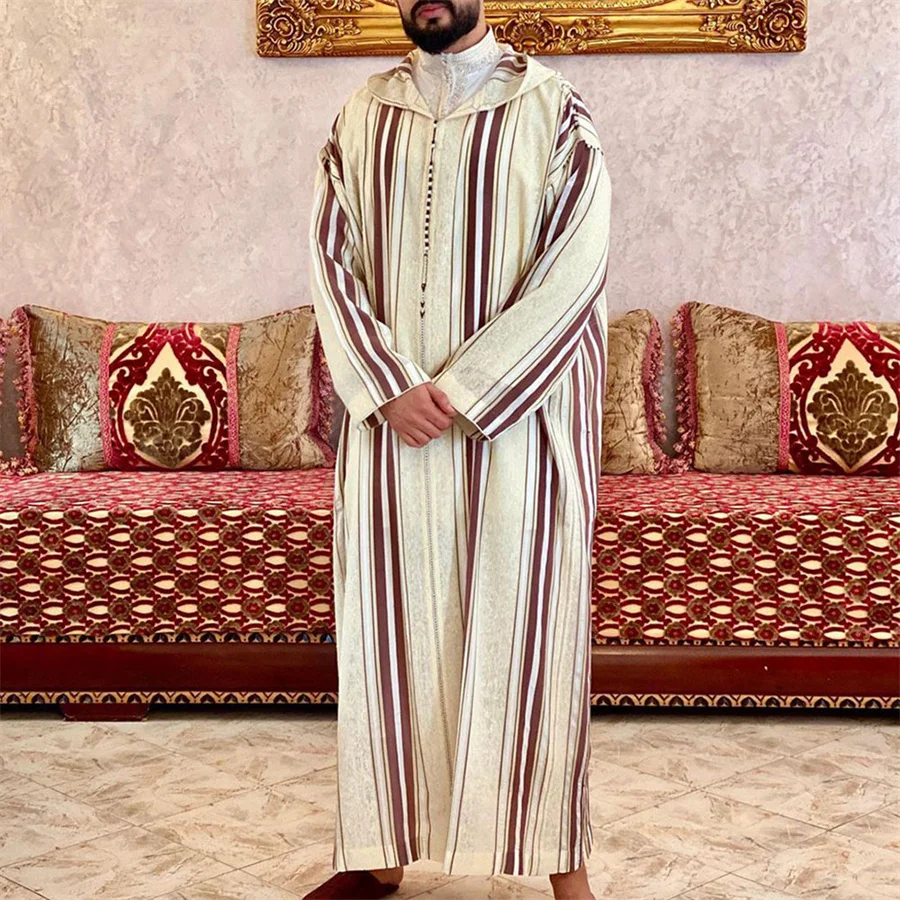 Muslim Fashion Jubba Thobe Men Hoodie Ramadan Spring Autumn Abaya Dubai Turkey Islamic Clothing Male Casual Loose Striped Kaftan