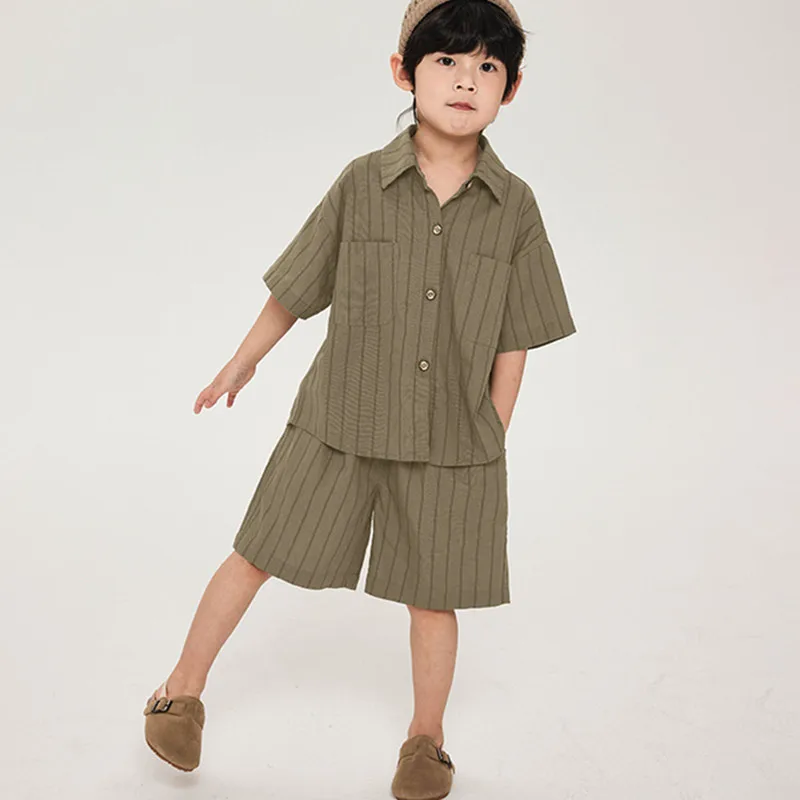 

New Arrivals Children's Summer Clothes Set Kids Lapel Short Sleeve Shirt and Shorts Boys Vertical Stripes 2Pcs Korean Style