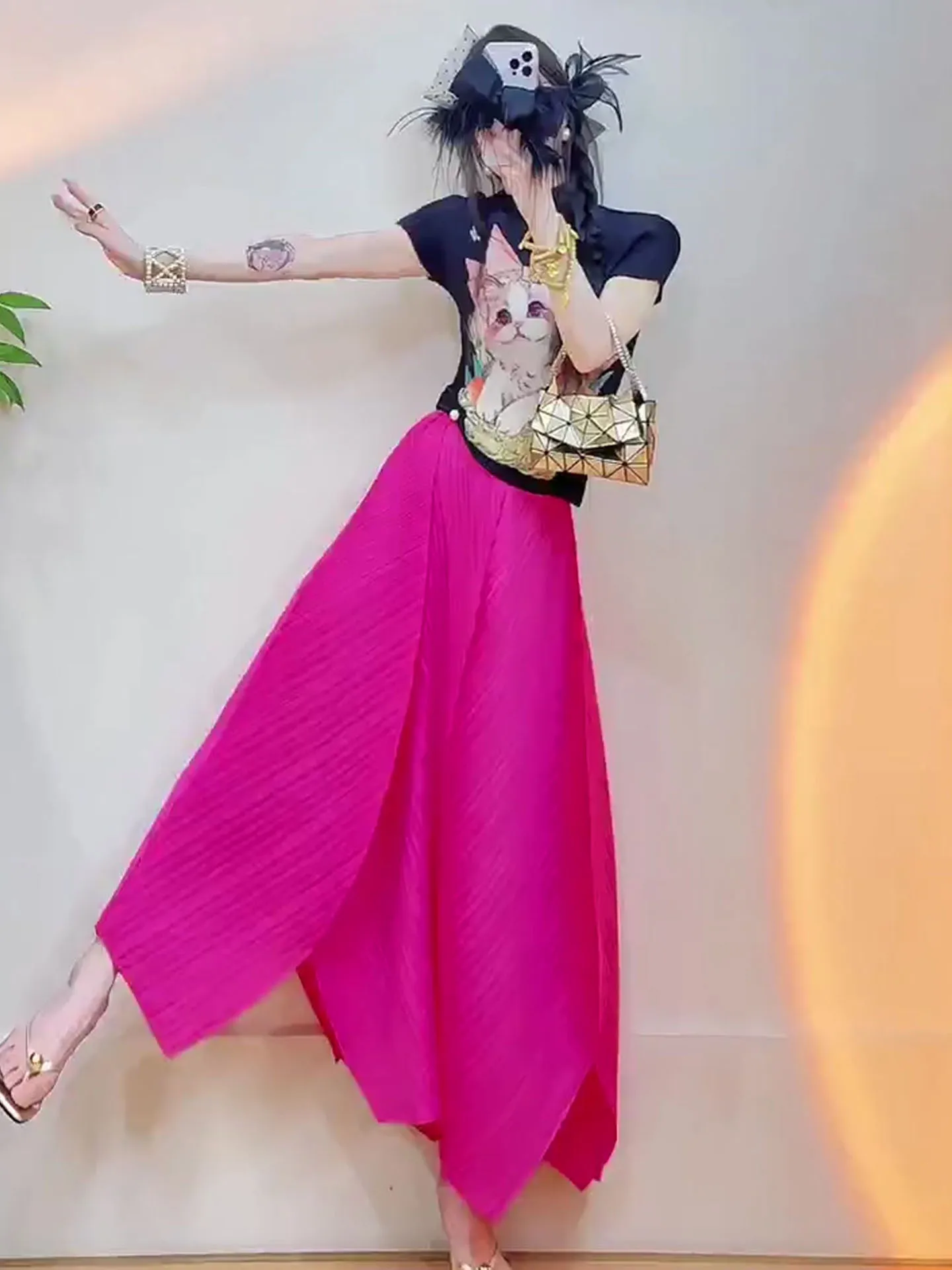 

Elegant Black Pattern Summer Outfit Pink Skirt Short Sleeve round Neck Polyester Two-Piece Set for Women over 35 Years Old