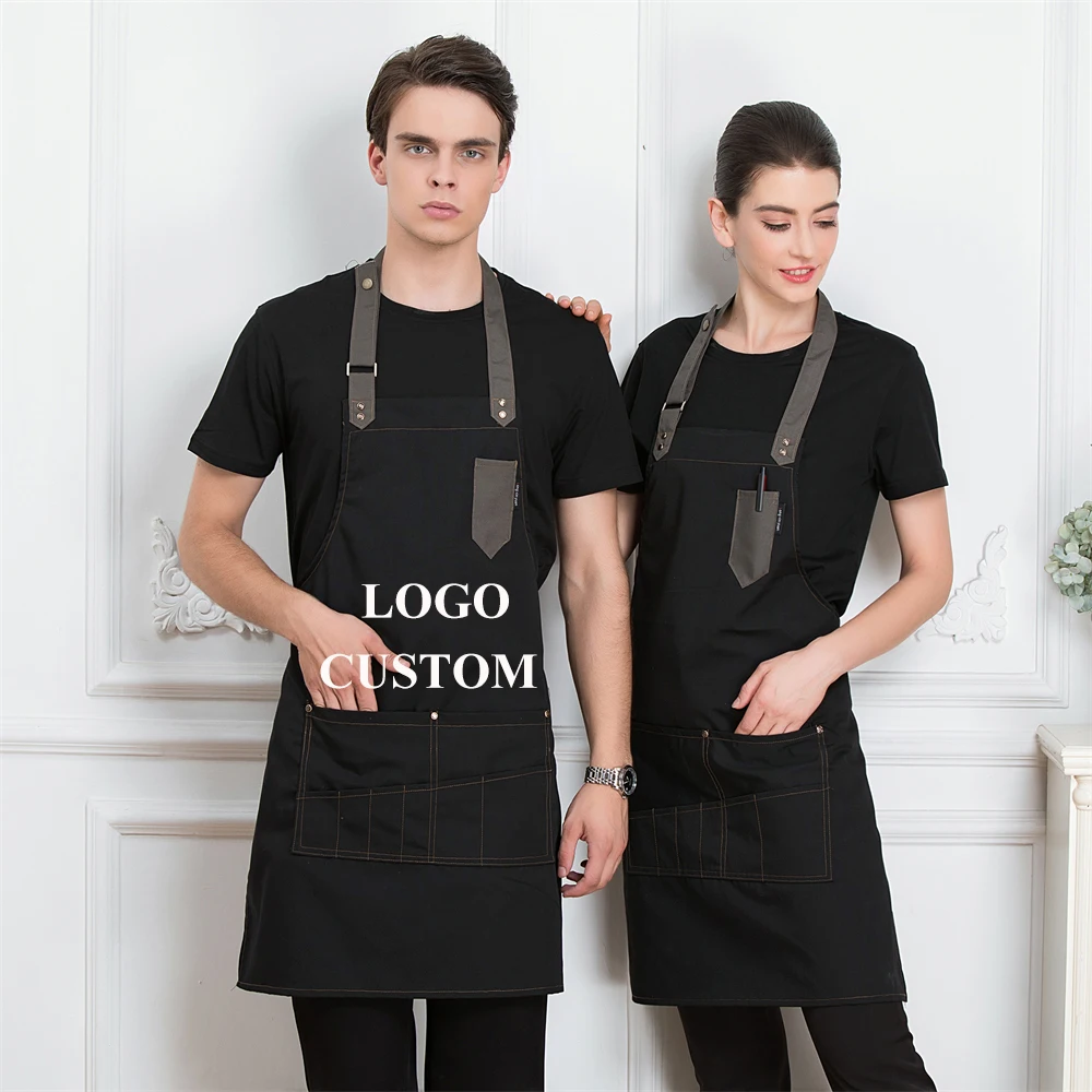 Customizable Fashion Men's Work Apron With Pockets Women Coffee Master Baker Chef Bib Aprons Black Red Blue Gray for Kitchen