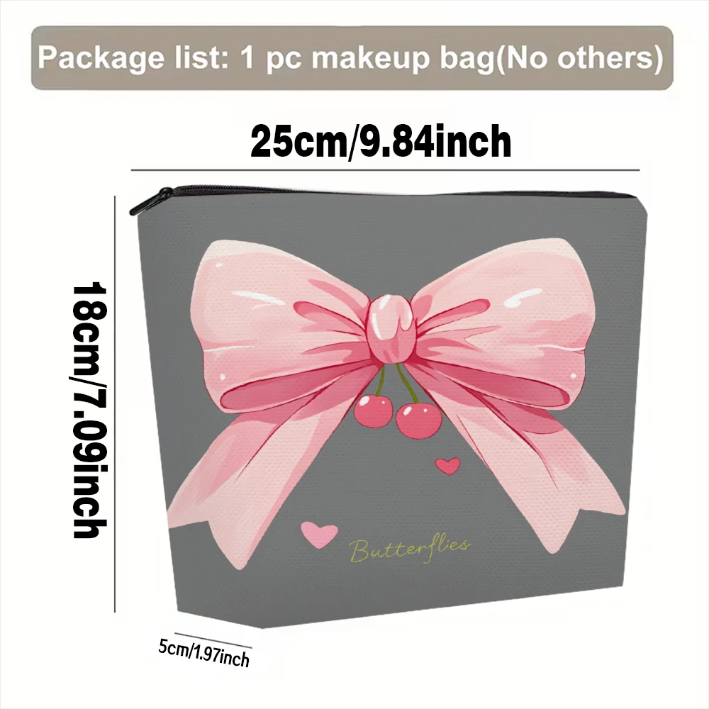 Pink Bow Cherry Hearts Butterflies Makeup Bags for Girls Cosmetic Pouch Toiletry Bag Pencil Case Travel Storage