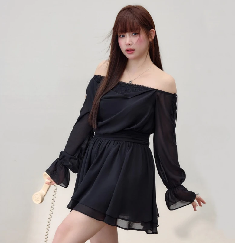 فستان شيفون كبير الحجم برقبة مائلة فرنسية مكشوفة الأكتاف وأكمام طويلة منتفخة، فساتين كورية حلوة متعددة الاستخدامات باللون الأسود بخصر عالٍ #2