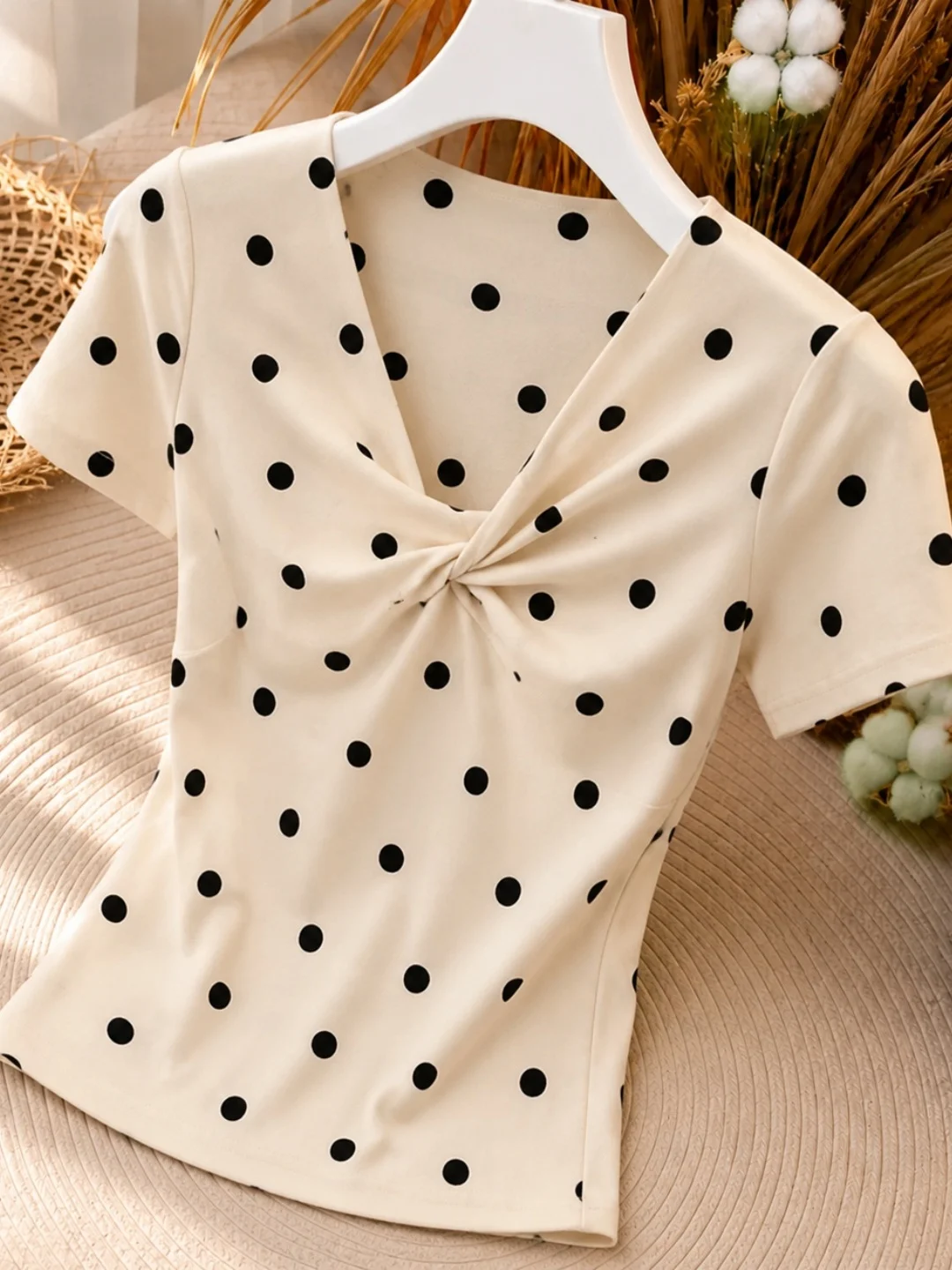 Chic V-Neck Short Sleeve T-Shirt Women's Knot Design Polka Dot Fashionable Maturity Style Korean Version Slim Fit Commute Wear