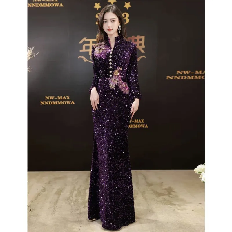 

Purple sequin banquet temperament fishtail light luxury niche host couture dress