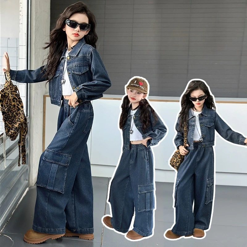 

autumn teen girls denim clothes set short cowboy jacket+multi-pocket cargo jeans 2pcs junior kids coat pants suit child outfits