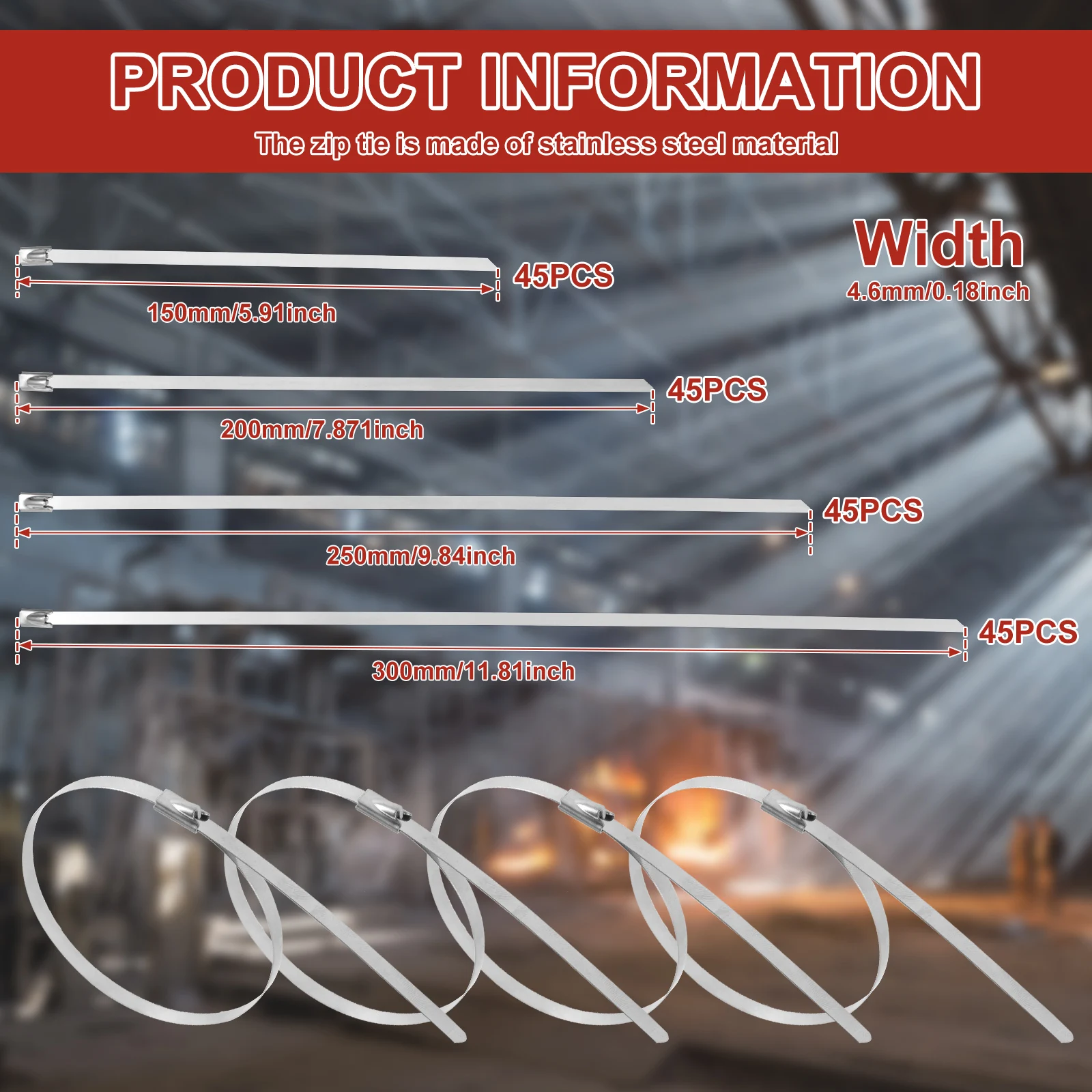 180Pcs Stainless Steel Cable Ties Heavy Duty Heat Proof Reusable Metal Zip Ties Self Locking Fastening Rings for Outdoor Fixed