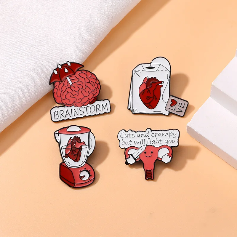 Creative Medical Organ Brooch Red Heart Juicer Tea Bag Umbrella Brain Dagger Womb Body Organ Badge Punk Lapel Pins Jewelry Gift