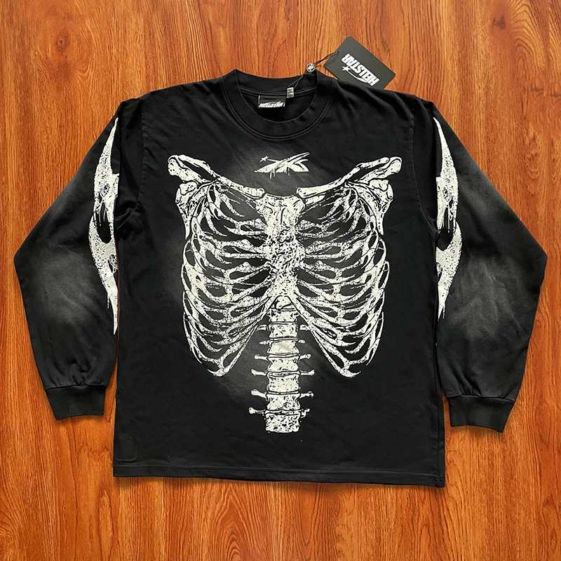 

Hellstar Studios Airbrued Skeleton Halloween Long Sve Повседневная футболка круглая Ne Youth Faion Stand Fit Лето 2024 г.