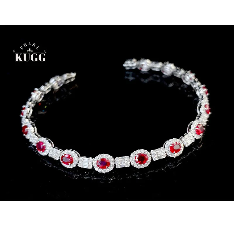 KUGG 100% 18K White Gold Bracelet Luxury Elegant Style Shiny Diamond Natural Ruby Gemstone Bracelet for Women Senior Banquet